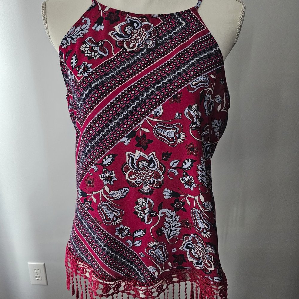 womens SOHO JEANS red NY & COMPANY floral TOP spaghetti straps TRIM size XS